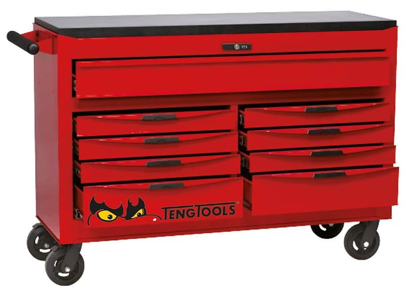 Teng Tools Tool Trolley TCMMIND08 with 9 drawers och 569 verktyg, extra bred, rö