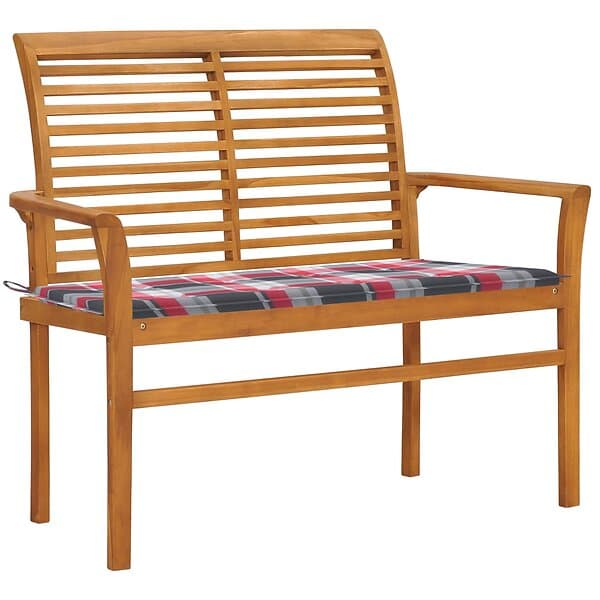 vidaXL Trädgårdsbench med dyna rött rutmönster 112 cm massiv teak 3062662