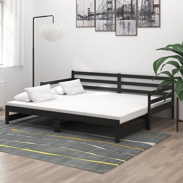 vidaXL Dagbädd utdragbar 2x(90x200) cm svart massiv furu 3083663