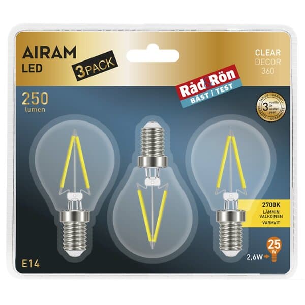 Airam LED Filament 2.6W E14 3-pack