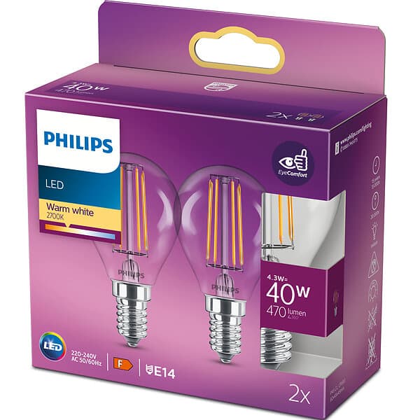 Philips 2-pack LED E14 Klot 4.3W (40W) Klar 250lm