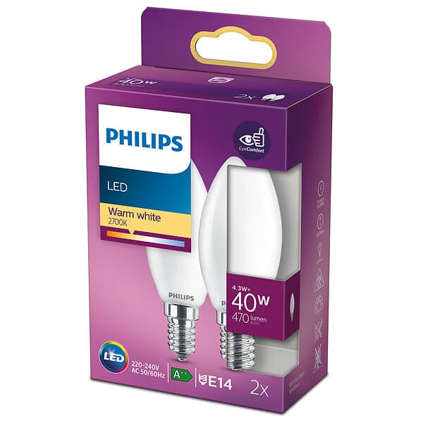 Philips 2-pack LED E14 Kron 40W Frost 470lm