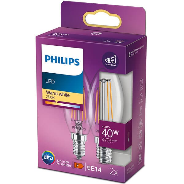 Philips 2-pack LED E14 Kron 4.3W (40W) Klar 470lm