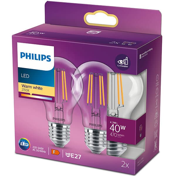 Philips 2-pack LED E27 Normal 4.3W (40W) Klar 470lm