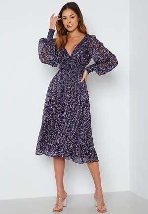 Goddiva Ditsy Long Sleeve Shirred Midi Dress