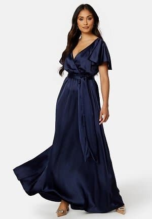 Goddiva Flutter Sleeve Satin Maxi Dress