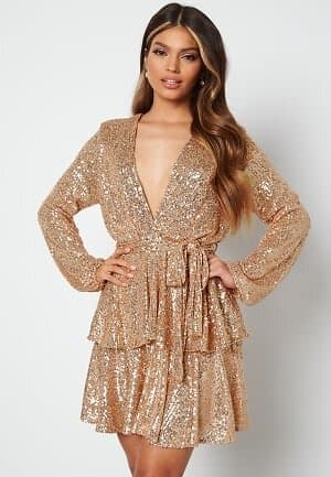 John Zack Sequin Deep V Ruffle Skater Dress