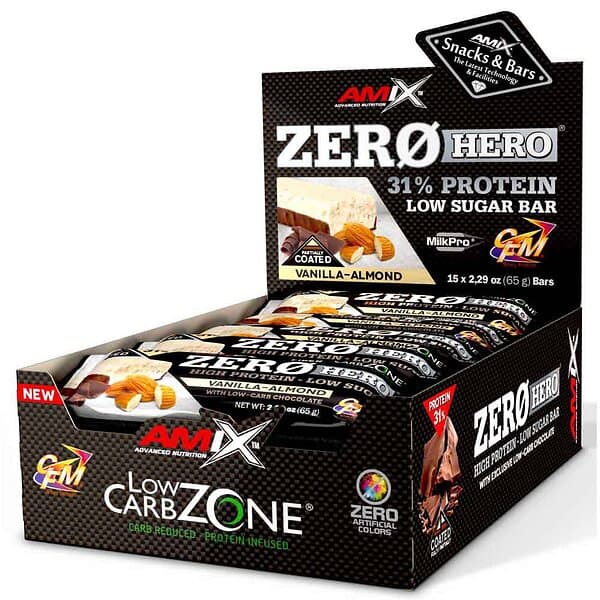 Amix Low Carb Zerohero 65g Protein Bars Box Vanilla&almond 15 Units Flerfärgad