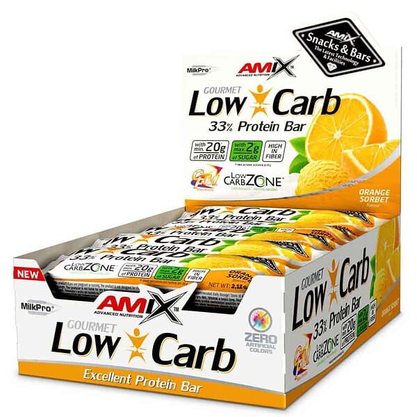 Amix Low Carb 33% 60g Protein Bars Box Orange Sorbet 15 Units Gul