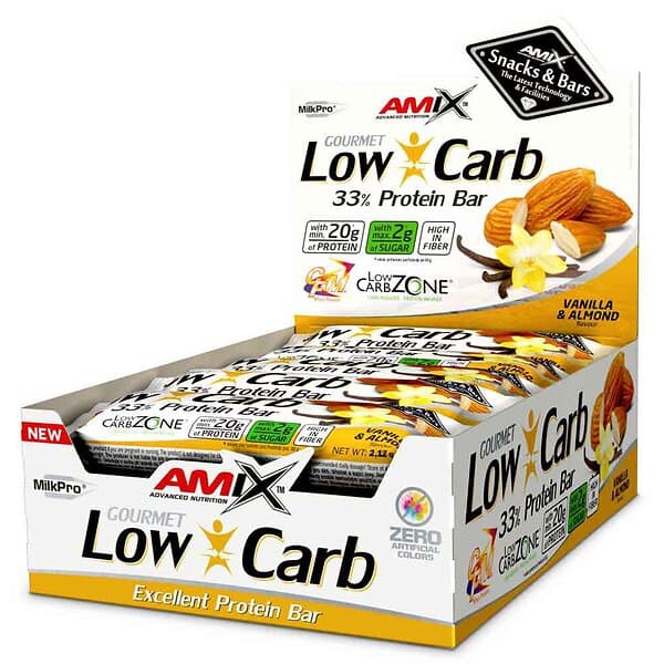 Amix Low Carb 33% 60g Protein Bars Box Vanilla&almond 15 Units Gul