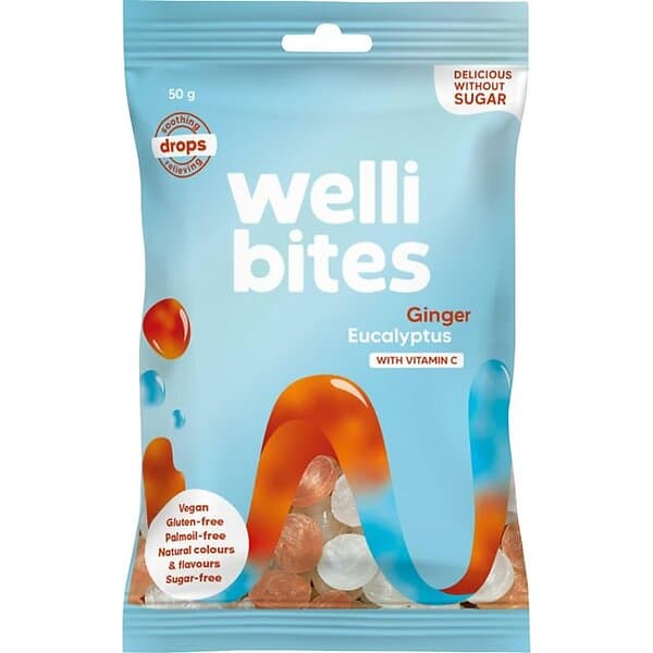 Wellibites Drops Ginger & Eucalyptus Vitamin C 50g