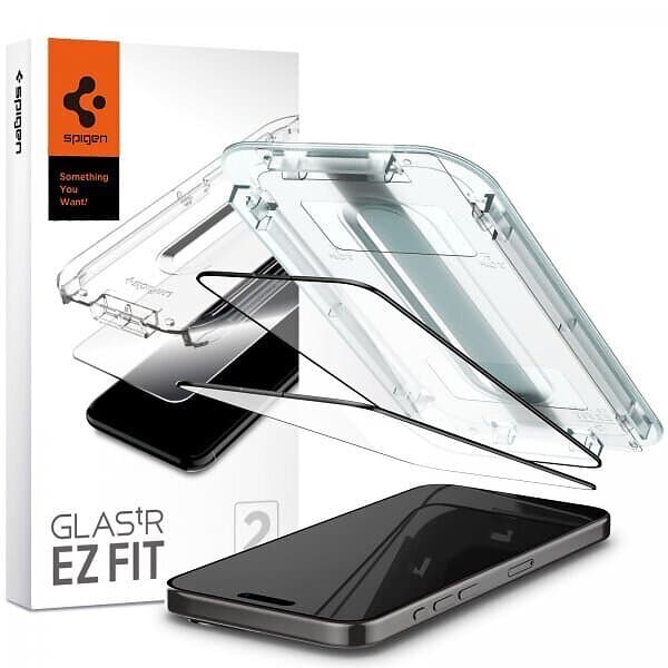 Spigen iPhone 15 Pro Max Skärmskydd GLAS.tR EZ Fit FC Svart 2-pack