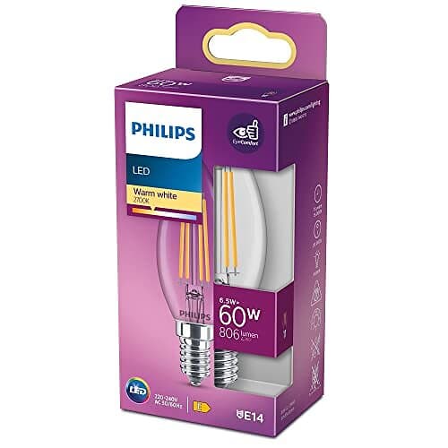 Philips Classic LED-ljuskälla, 60W, E14, B35, Klart glas, varmvitt ljus, 2700 ke