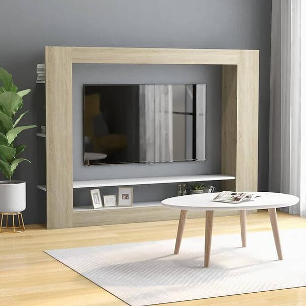 vidaXL TV Cabinet White and Sonoma Oak 152x22x113 cm Chipboard