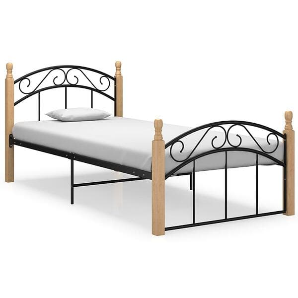 vidaXL Bed Frame Black Metal and Solid Oak Wood 90x200 cm