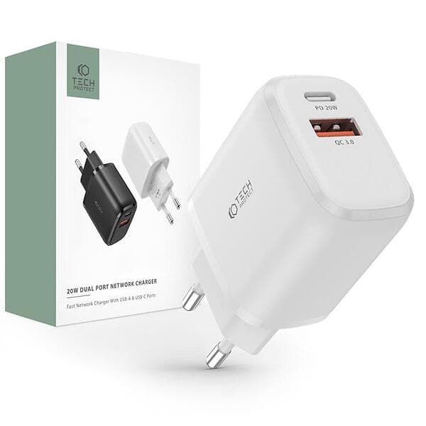 Tech-Protect C20W 2-Port Nätverk Laddare PD20W/QC3.0 Vit