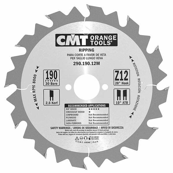 CMT Sågklinga för trä 290; 190x2.6x30; Z12; 20°