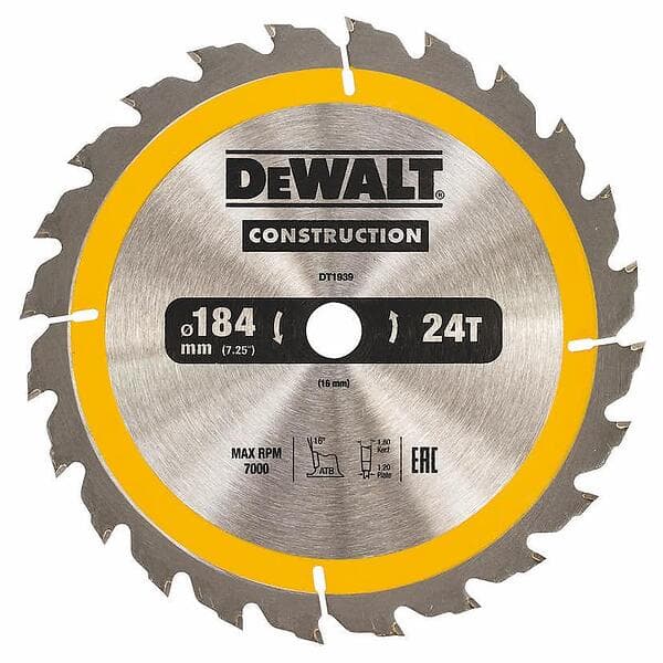 Dewalt Cirkelsågklinga DT1939 184x16 mm CIRKELSÅGKLINGA 184X16MM 24T 547178